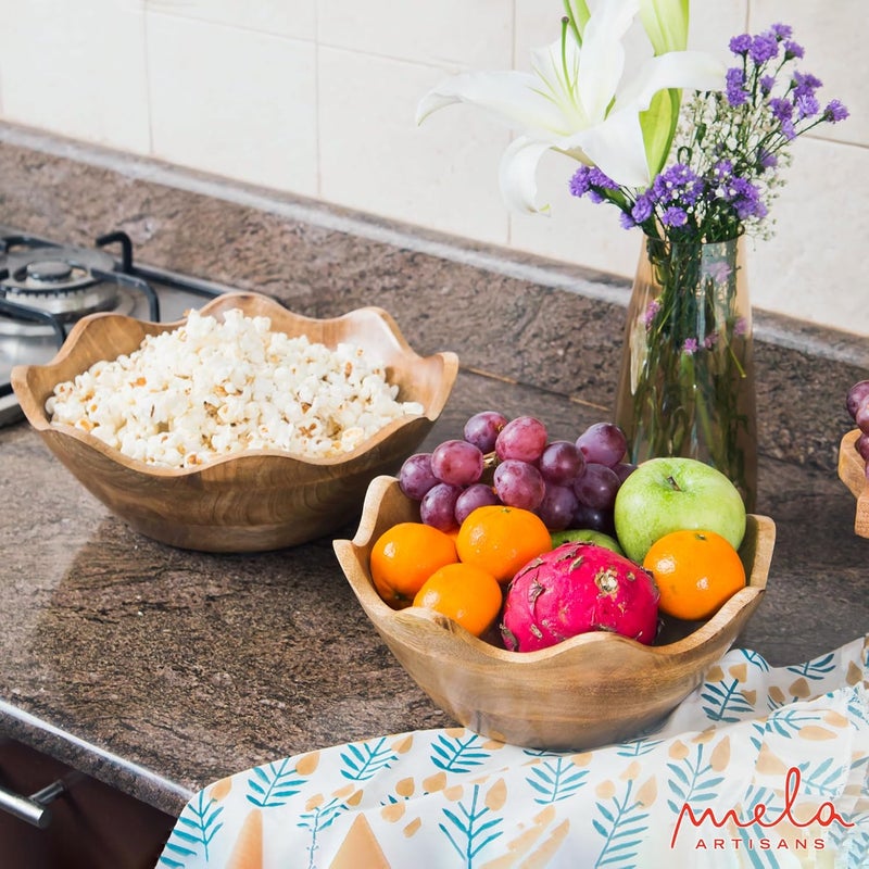 Mela Artisans Scalloped Decorative Wooden Bowls Set of 2 |12 Inch &10 Inch Mango Wood Fruit | Serving Bowls | Natural Grain Texture | Kitchen Counter | Snacks | Desserts | Bread | Handcrafted Decor - Image 4